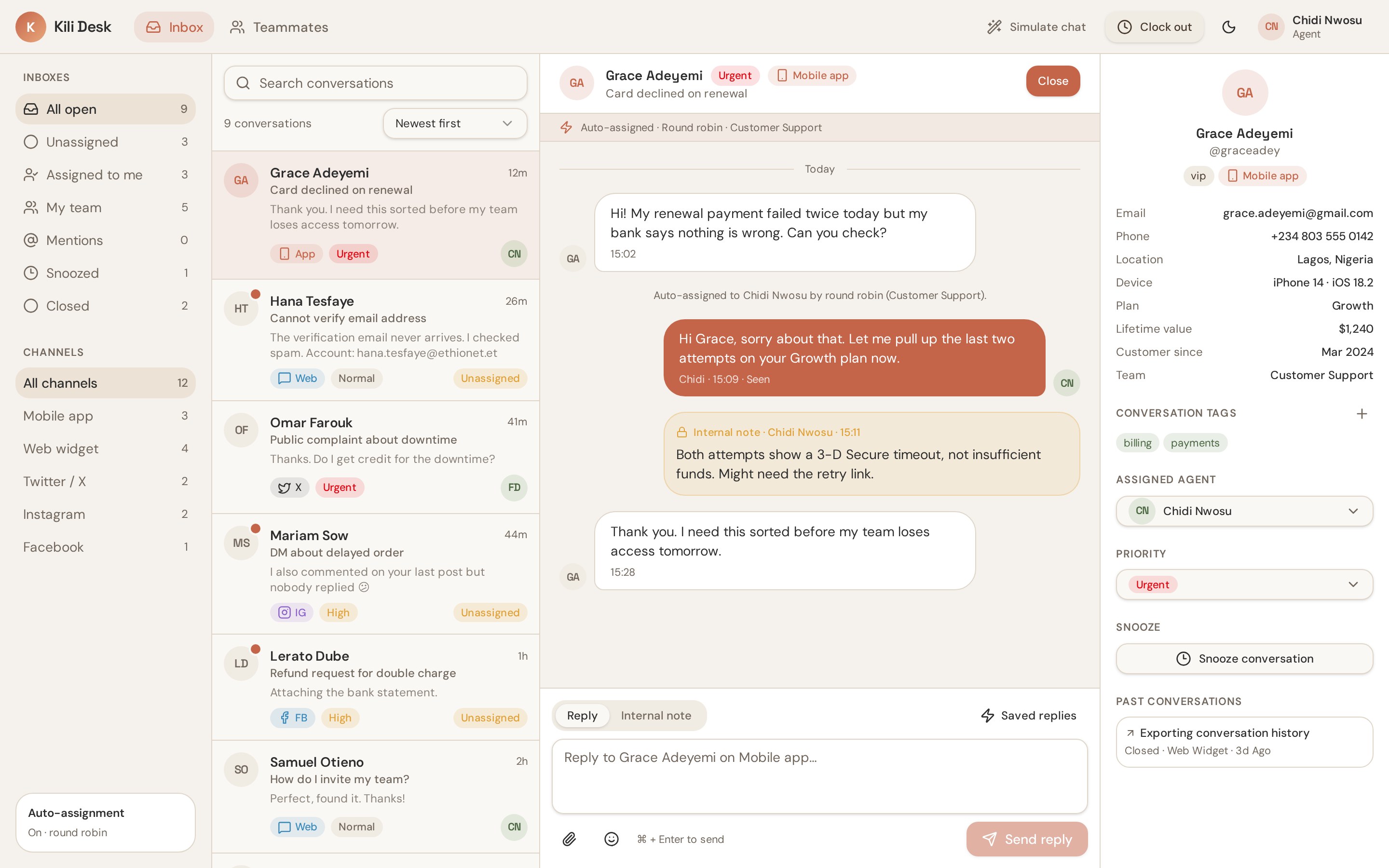 Kili shared inbox with live customer conversations, internal notes and customer details